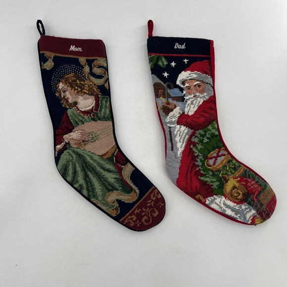 2 Sferra Mom & Dad Needlepoint Christmas Stockings Completed Santa & Angel 21